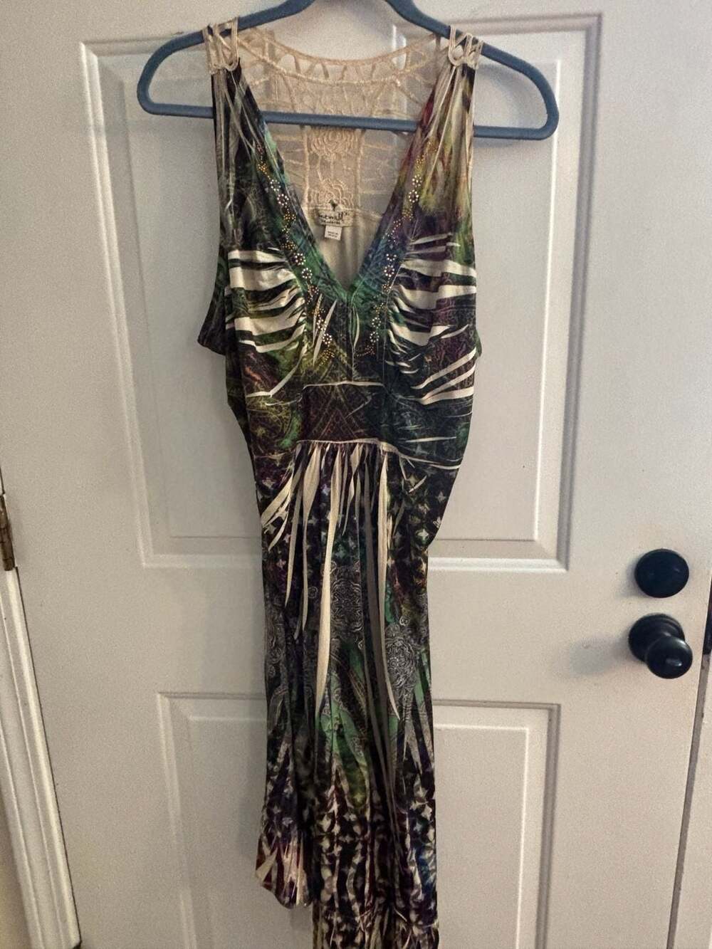 One World Live and Let Live Beaded Printed Sleeveless V-Neck Maxi Dress